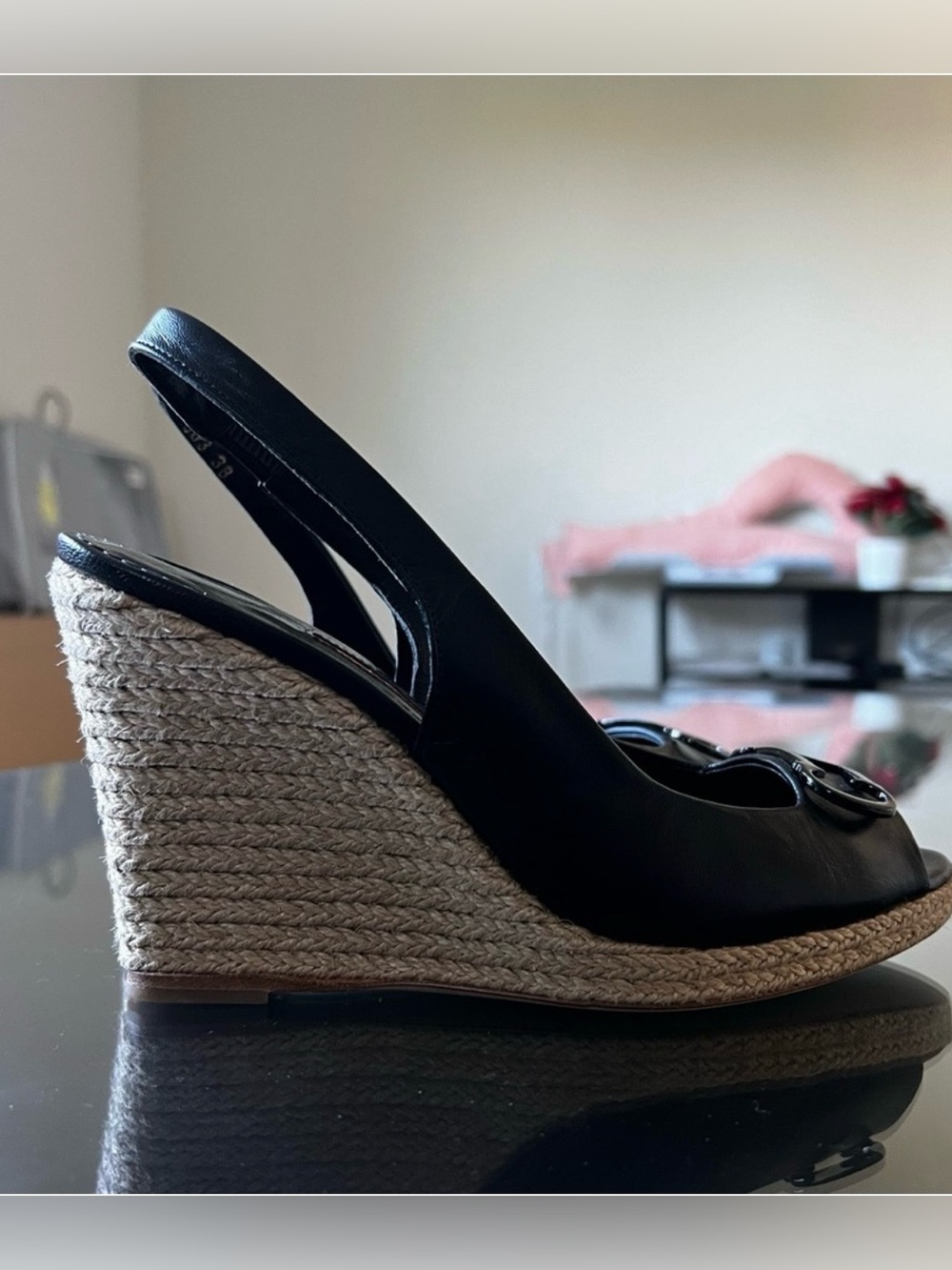Carolina Herrera Black Leather Espadrille Wedge Slingback